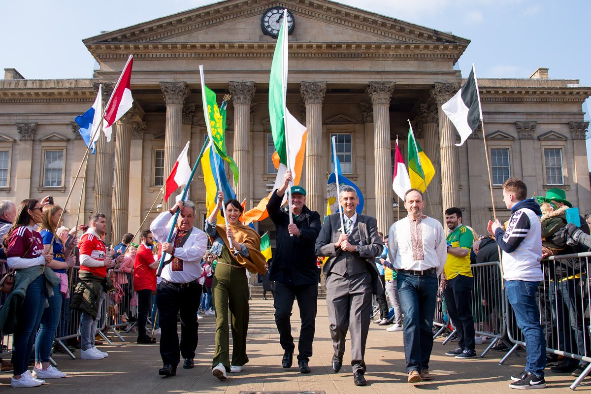 The Huddersfield St Patrick's Day Parade (Flag Party: Ukrainian Flag, Irish Tricolour, Erin Go Bragh and Yorkshire Rose)